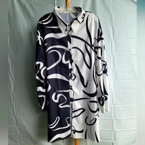 Shein Black and White Long Tunic Shirt  Dress Buttons 3XL